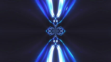 Computer generated fractal blue kaleidoscopic background of twinkling blue lights, 3d rendering