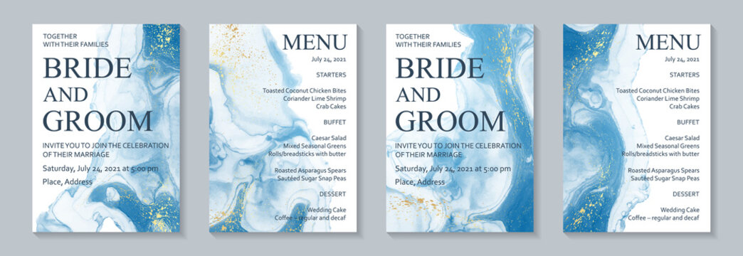 Modern watercolor background or elegant card design for birthday invite or wedding or menu with abstract blue ink waves and golden splashes.