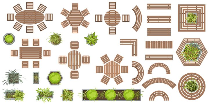 Wooden benches and plants in pots top view. Set of vector Outdoor wooden furniture for landscape design . Collection of Architectural elements, plants, trees, tables, benches, chairs in flat style
