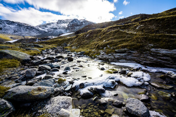 Small pond with ice in the alps