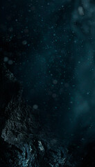 Dark empty natural marine dramatic scene. The depth of the seabed, dark water, gloomy water background. 3D illustration. 