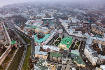 a panoramic view from a drone of the historical center of Nizhny Novgorod on a cloudy autumn day 