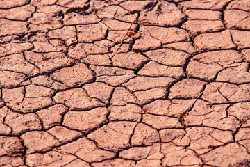 Cracked red earth during drought, the texture of earth during drought. A long time without rain. Infertile soil without plants