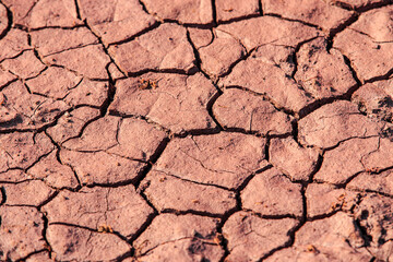 Cracked red earth during drought, the texture of earth during drought. A long time without rain. Infertile soil without plants