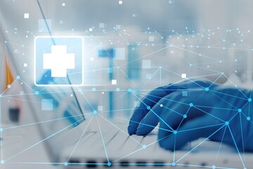 Healthcare business graph data and growth, with network connection on laptop screen.