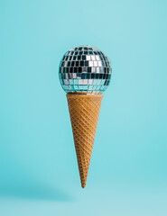 Party composition with ice cream cone and shiny disco ball on pastel blue background. Creative...
