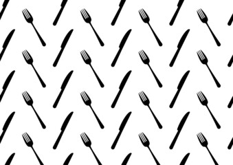 Naklejka premium Cutlery black silhouette vector seamless pattern. Fork and knife elements endless texture. Flat simple design. 