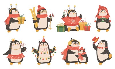Cute winter penguins. Funny cartoon animals vector set. Christmas illustration. Isolated objects on a white background.