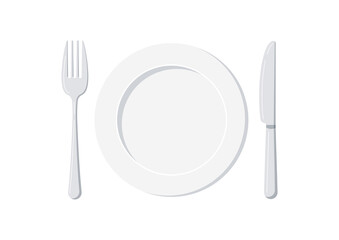 Empty plate with knife and fork set isolated on a white background. Top view silver cutlery and white ceramic serving plate for food design template. Vector flat design cartoon style illustration.