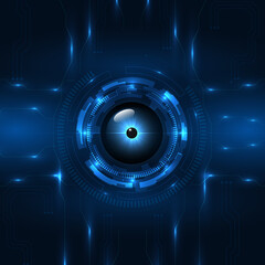 Blue cyber eye circuit board digital technology futuristic concept background. Electronic motherboard hi tech concept. Dark blue eye technologies background. Vector illustration