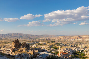 Panoramic view near Uchisar, Cappadocia with magnificent geological natural with blue sky