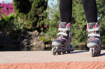 Rollers, inline skates on female feet on the background of the park. Close up