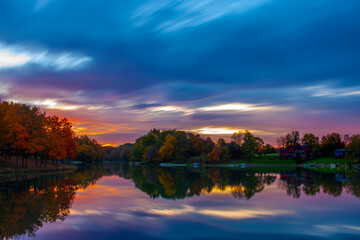 Fototapeta na wymiar Autumn Lake In Woodford County, Illinois After Sunrise