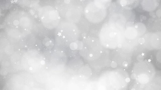 Magical festive silver gray winter bokeh background with falling snowflakes and stars animation background. Concept holidays new year and christmas.