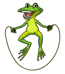 A cheerful joyful frog jumps over a rope.