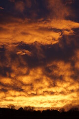 Dramatisch erleuchtete Unterseite einer Wolkenschicht nach Sonnenuntergang. Orange und gelb im...