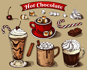 Sketch drawing set of hot chocolate drinks with marshmallow, whipped cream, candy cane, cinnamon. Outline cherry, red cup, hand drawn mug, cocoa. Shadow editable. Christmas drink. Vector illustration. - 468013086