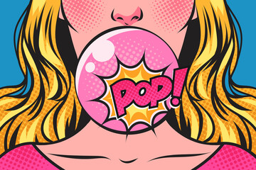 Woman blowing bubble with a pink bubble gum and Pop! speech bubble. Pop art comic vector retro illustration.	
 - obrazy, fototapety, plakaty