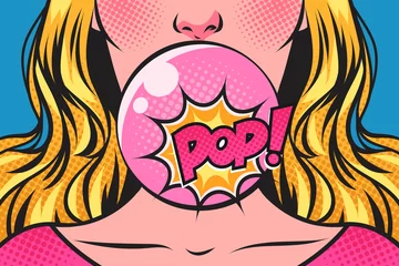 Fotobehang Woman blowing bubble with a pink bubble gum and Pop! speech bubble. Pop art comic vector retro illustration.   © squaredot_art