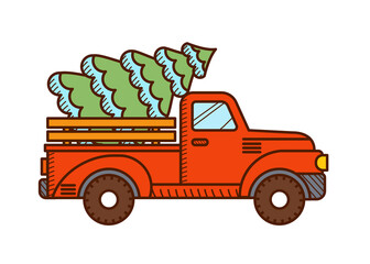 Vintage red christmas truck with a christmas tree