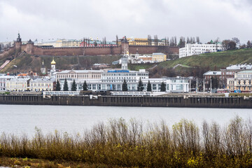 embankment of the Volga river in the city of Nizhny Novgorod on a cloudy autumn rainy day