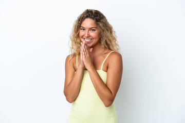 Girl with curly hair isolated on white background keeps palm together. Person asks for something