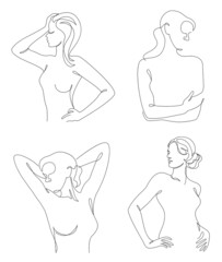 Lady collection. Silhouettes of a girl in a modern one line style. Continuous line drawing, aesthetic outline for home decor, posters, wall art, stickers, logo. Vector illustration set.
