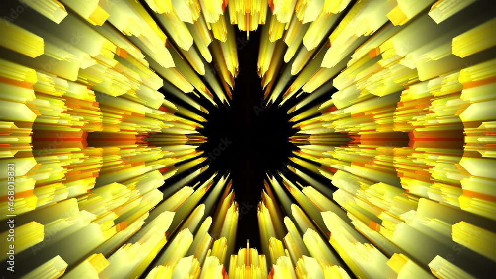 Poster 3d rendering radiation from the center of golden flickering particles on a black background, compute
