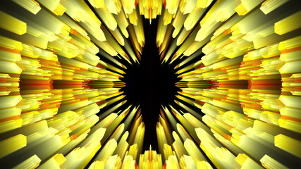 3D rendering radiation from the center of golden flickering particles on a black background, computer generated abstract background