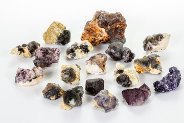 macro mineral fluorite stone on white background