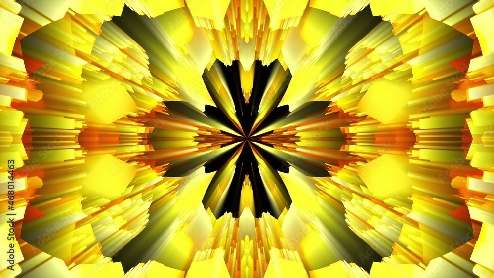 Poster 3d rendering radiation from the center of golden flickering particles on a black background, compute
