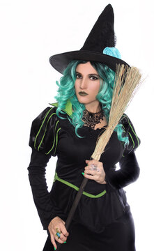 Witch With Green Hair and Broom on White Background