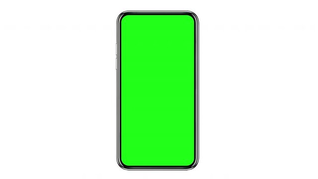 Smartphone with green screen isolated on white background. 4K animation with mobile phone mockup and motion zoom effect
