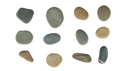 Fototapeta na wymiar Set of various sea stones. Isolated on white background. Top view flat lay. clipping path.