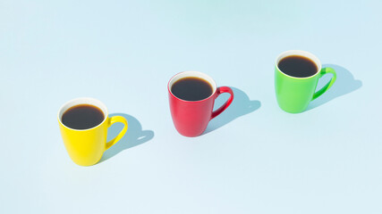 Three coffee cups on blue background. Coffee break concept.