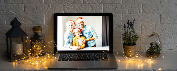 young family video call smiling and looking at webcam web, lovers greet friends merry christmas and...