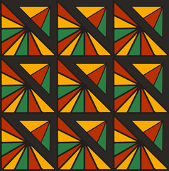 Abstract geometric mosaic vector seamless pattern with colorful triangles in black, red, yellow, green color. Background design for Kwanzaa, Black History Month, Juneteenth