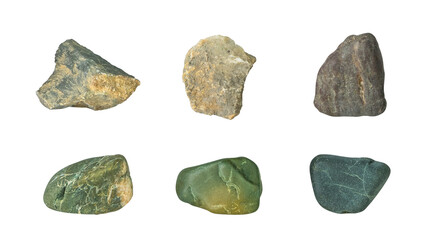 Set of various sea stones. Isolated on white background. Top view flat lay. clipping path.