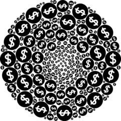 Dollar price icon twist spheric collage. Dollar price icons are formed into cluster whirlpool mosaic structure. Abstract round cluster collage organized from regular dollar price icons.