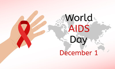 World AIDS Day December 1. Human hand with red awareness ribbon and world map. Vector poster illustration