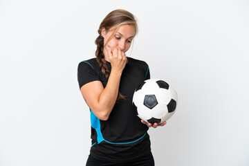 Young football player woman isolated on white background having doubts