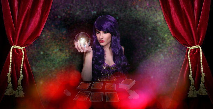 Psychic with Crystal Ball and tarot cards in Red Velvet Tent