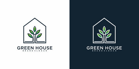 Gren house logo with creative combined leaf and house concept Premium vektor