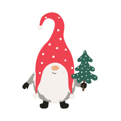 Gnome with a Christmas tree. Vector illustration isolated.