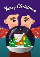 Christmas card with the girl looking at the snow globe. Beautiful free font. Cozy design for xmas card, vector.