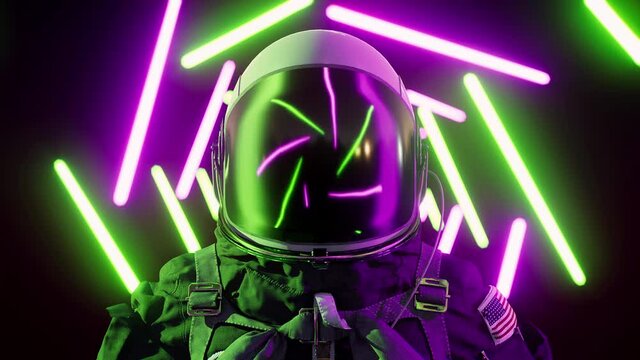 Neon astronaut futuristic concept. Retrowave style Vj loop 3d animation