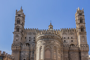 Fototapeta na wymiar Arab-Norman architectural style of Cathedral Santa Vergine Maria Assunta (erected in 1185) in Palermo, Sicily. Palermo Cathedral is cathedral church of Roman Catholic Archdiocese of Palermo.