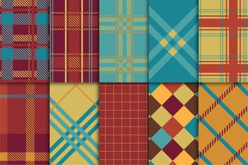 Checkered plaid and geometric abstract seamless pattern collection set