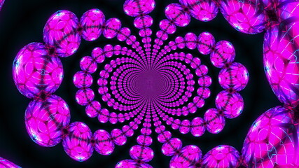 Round changing 3d render mosaic with circling bright flower and refraction ornaments. Psychedelic geometric crystals with futuristic decorative mandala symmetry drawing.