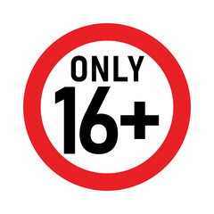 16 plus sign. Sixteen. For adults only. Age restrictions, censorship, parental control. Icon for content, movies, alcohol, night clubs and bars.